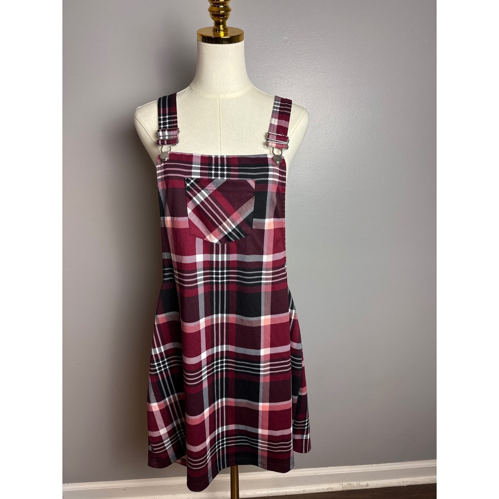 Jolie & Joy Pinafore Dress Womens XL Burgundy Plaid Excellent Overall Mini Dress